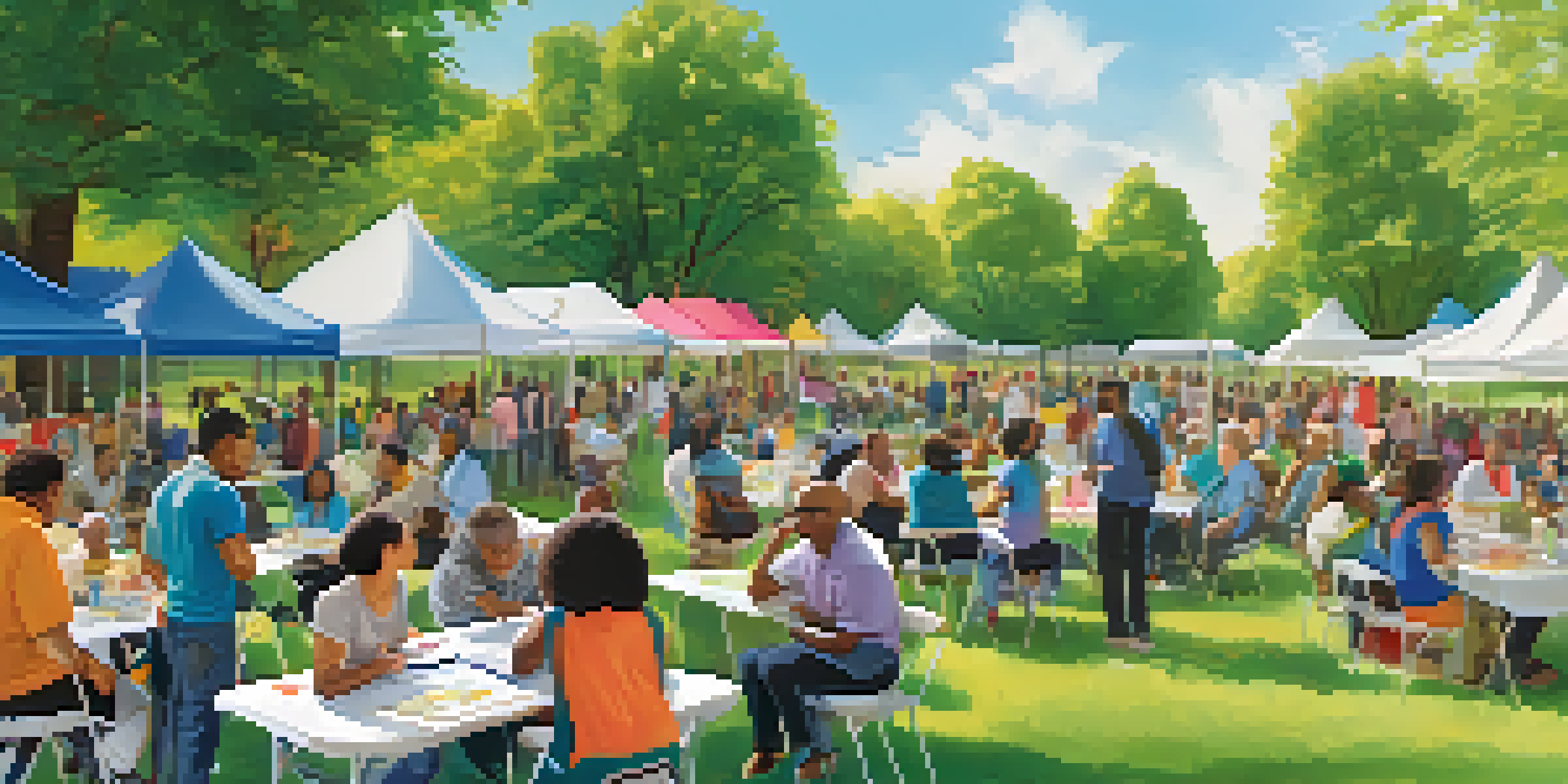 A community health forum in a park with diverse participants discussing health topics under colorful banners.