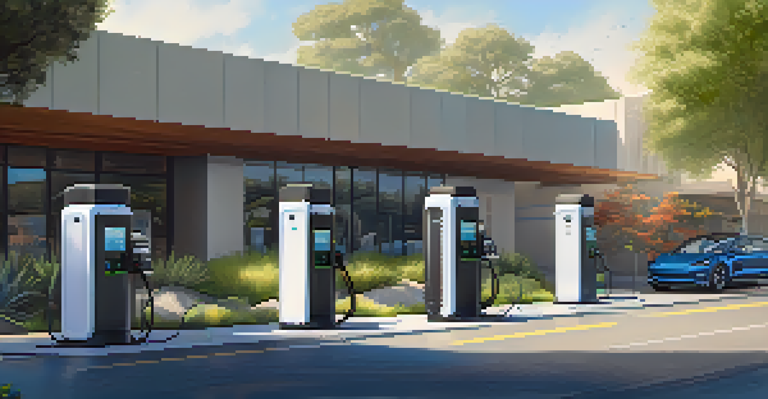 An electric vehicle charging station with cars and green buildings in Cupertino, illuminated by soft afternoon light.