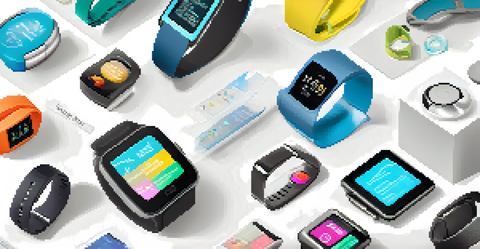 An infographic displaying different types of wearable health technologies such as smartwatches and fitness bands, labeled and illustrated against a white background.