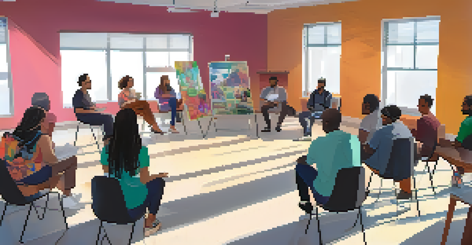 A community workshop focused on mental health awareness with participants listening and taking notes in a bright room.