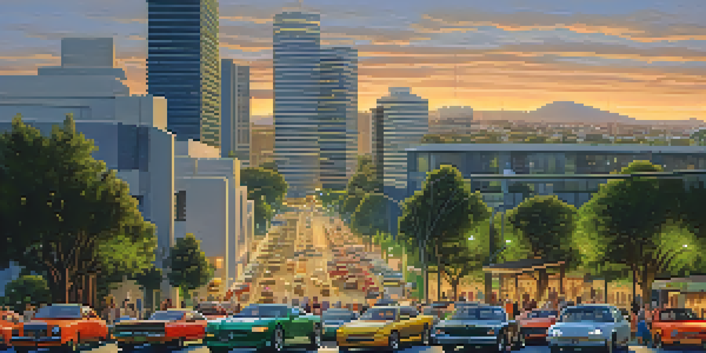 A crowded street in Cupertino with traffic congestion during sunset, featuring various cars and commuters.