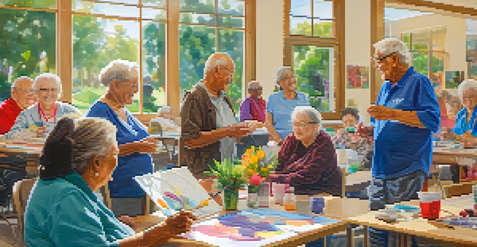 Seniors participating in an art workshop at the Cupertino Senior Center, surrounded by colorful artwork and natural light.
