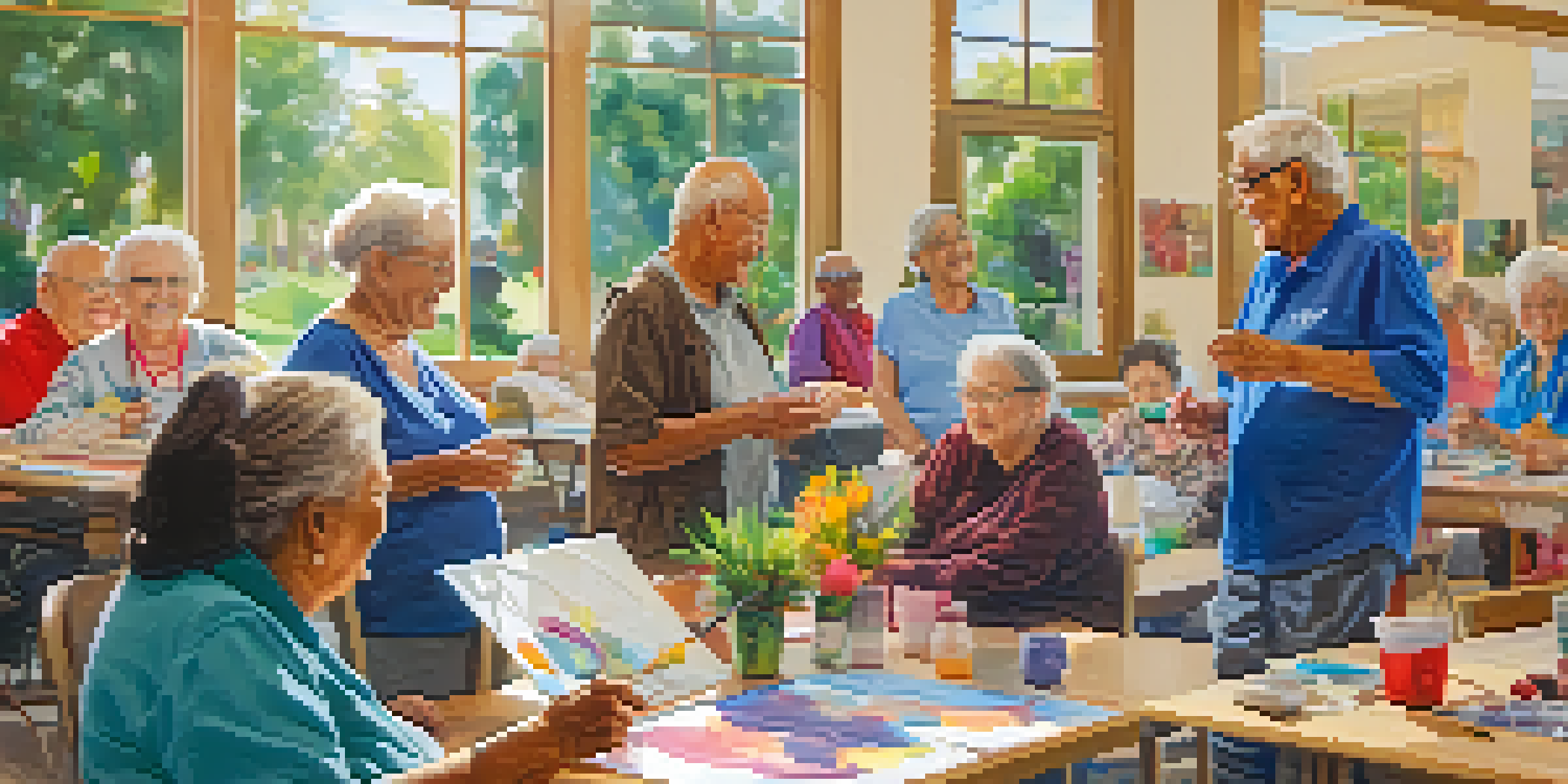 Seniors participating in an art workshop at the Cupertino Senior Center, surrounded by colorful artwork and natural light.