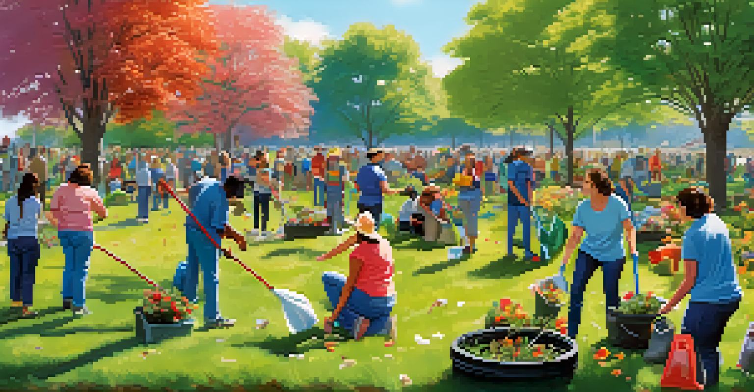 Volunteers of various ages participating in a community clean-up event in a park, with gardening tools and a clear blue sky.