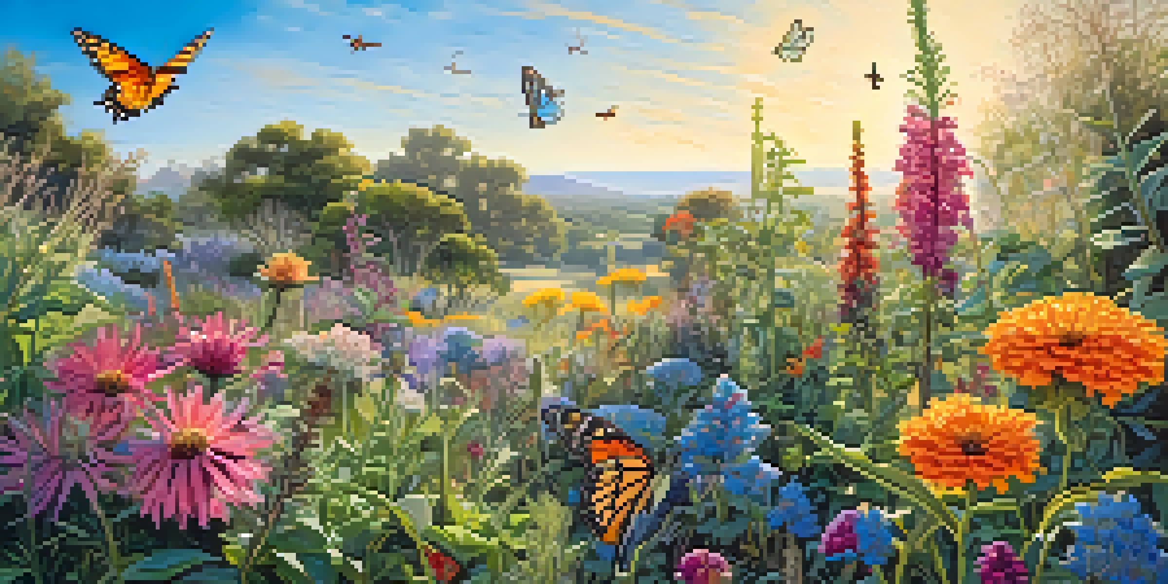 A colorful garden with various native plants, a butterfly, and a hummingbird under a blue sky.