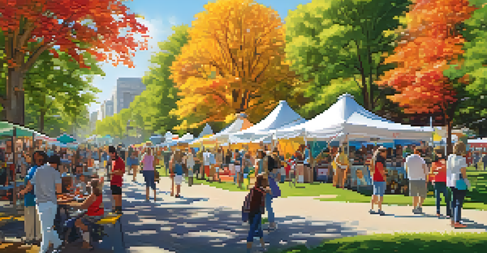 A lively community art festival in a park, with artists displaying their work and people participating in creative activities.