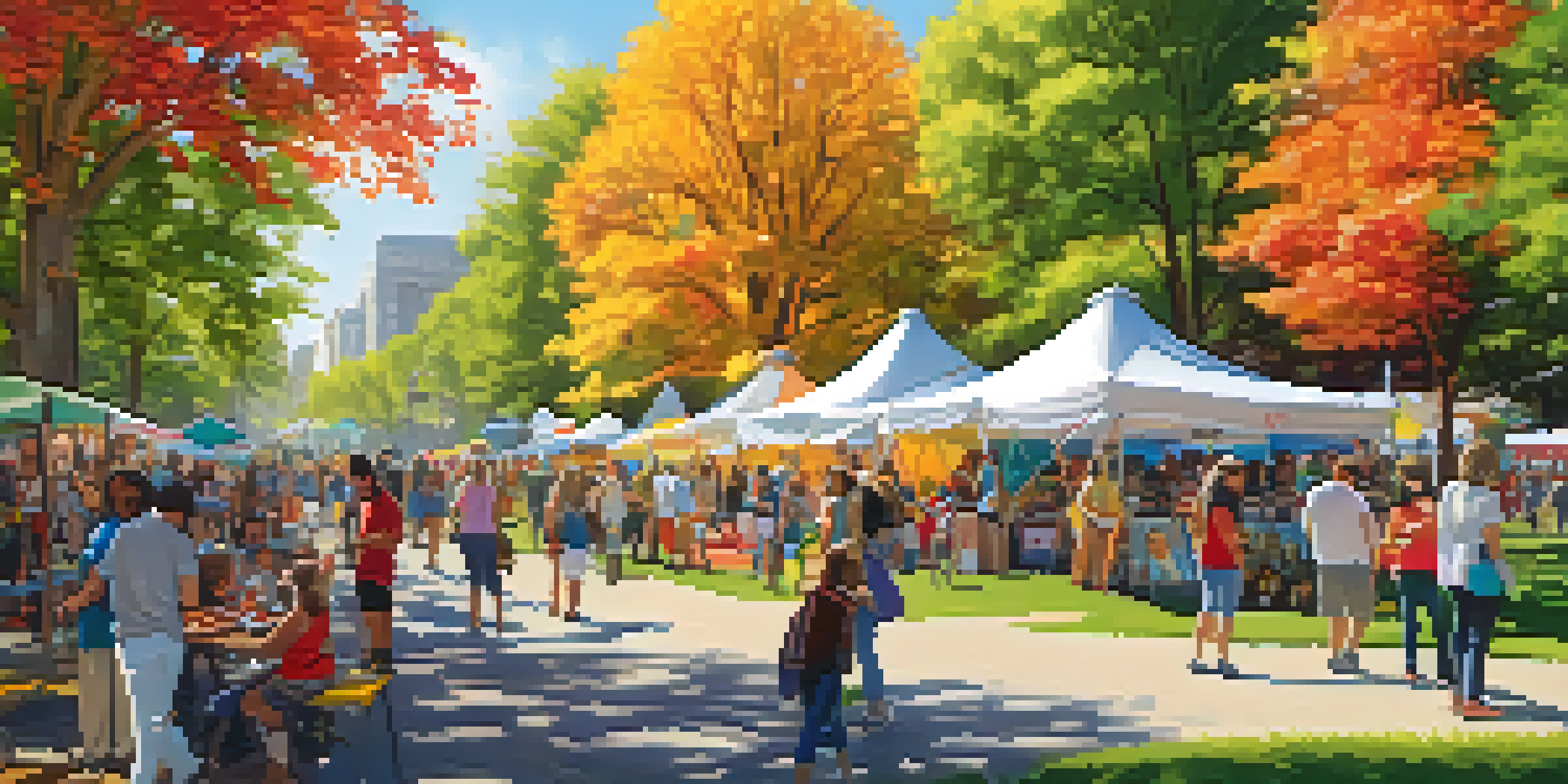 A lively community art festival in a park, with artists displaying their work and people participating in creative activities.