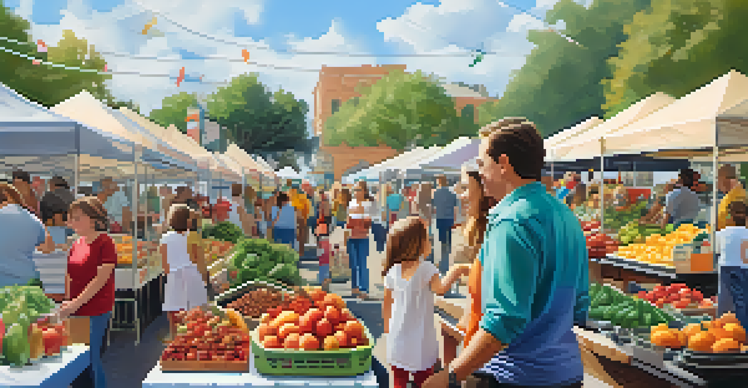 A family at a farmers market, with children participating in face painting and cooking classes, surrounded by colorful stalls and a festive atmosphere.