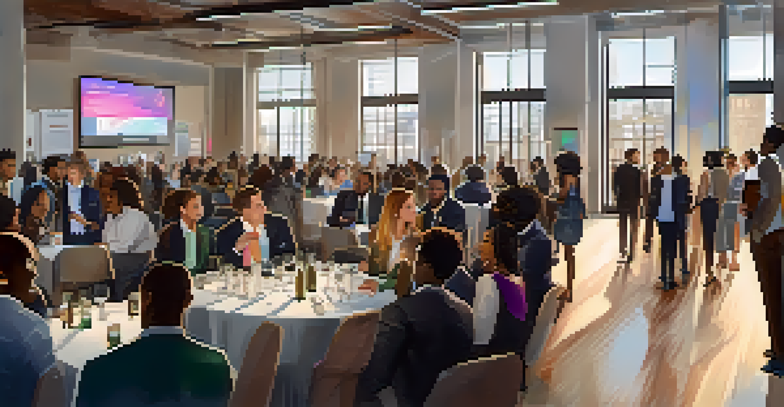 A vibrant networking event in an urban venue with students and entrepreneurs mingling and engaging in discussions.