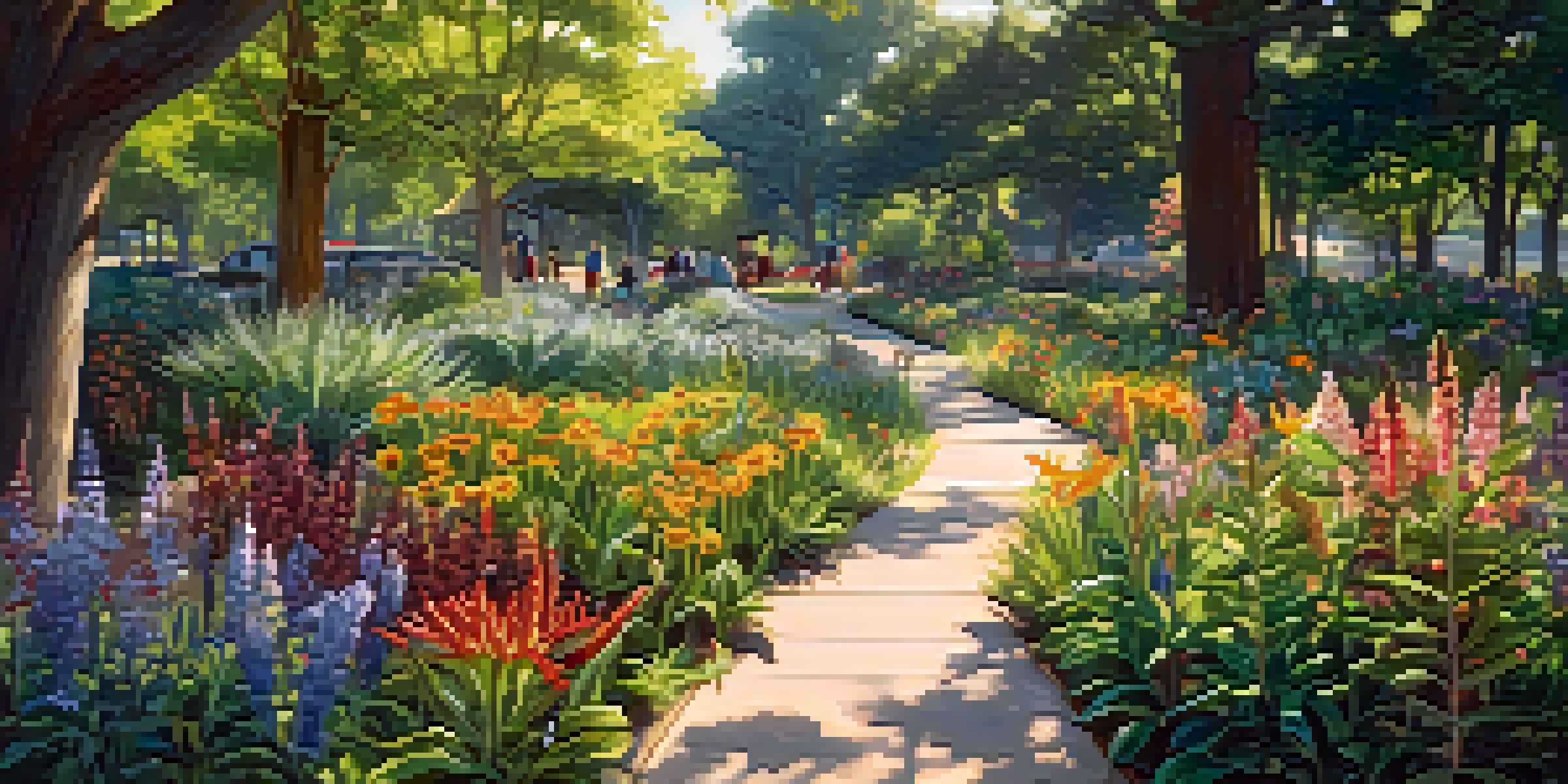 A bustling urban park filled with colorful native plants and flowers, bees and butterflies, with families having a picnic along a sunlit walking path.