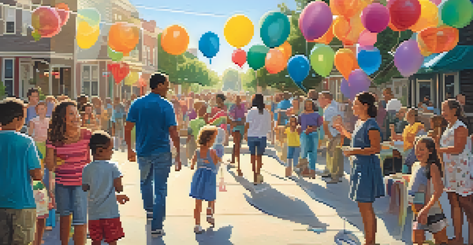 A lively neighborhood block party with families enjoying food and games under colorful decorations.