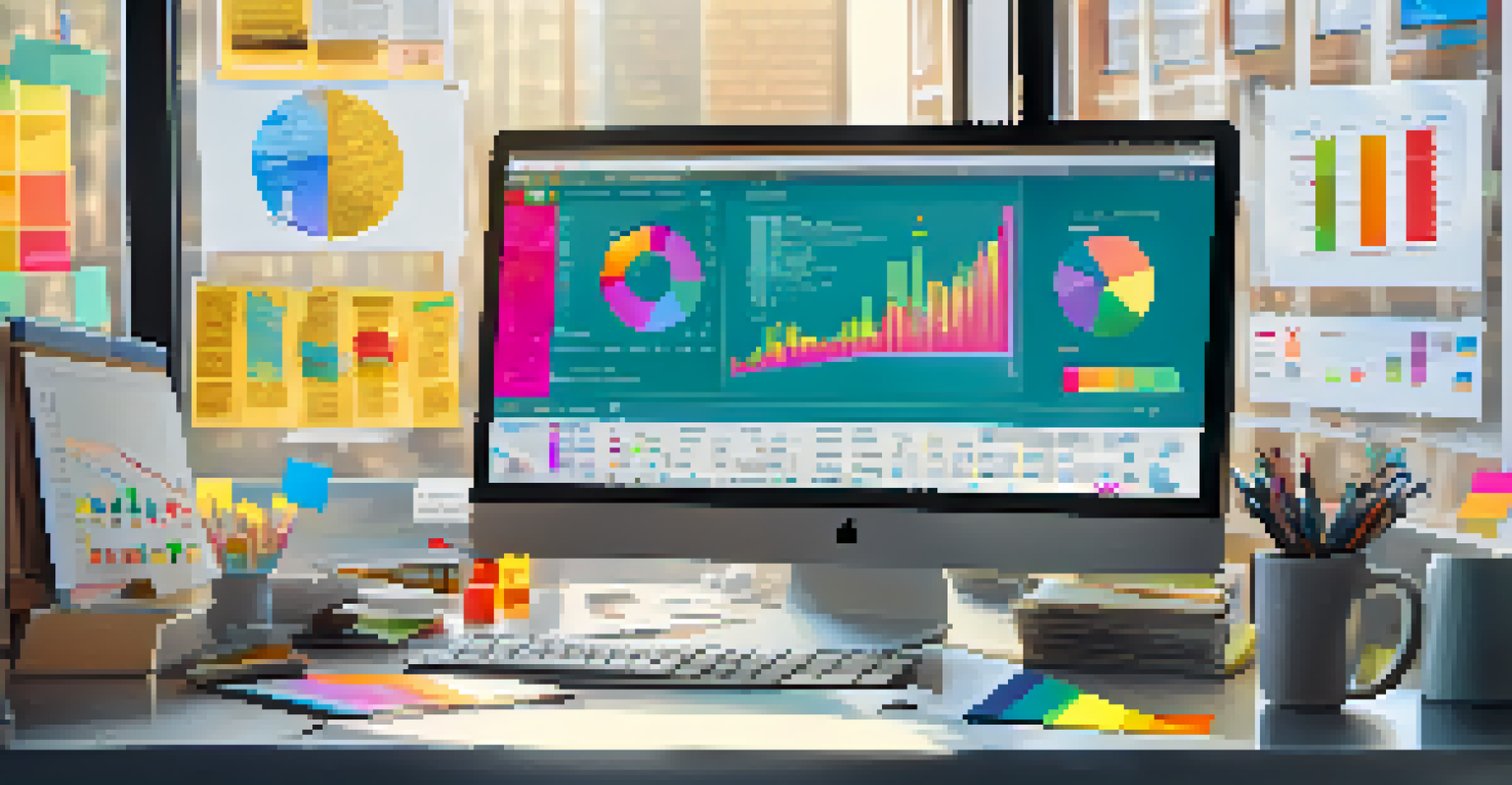 A workspace with a computer displaying graphs and charts of community engagement data, surrounded by notes and a coffee mug.