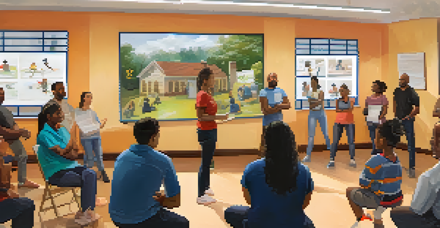 Residents participating in a self-defense workshop at a community center, attentively listening and practicing techniques.