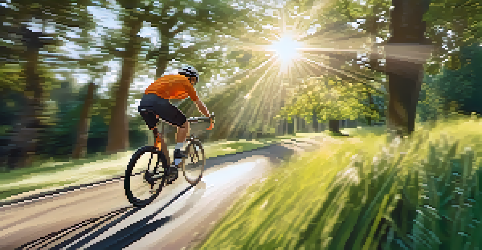 Close-up of a cyclist enjoying a ride on a scenic trail under warm sunlight.