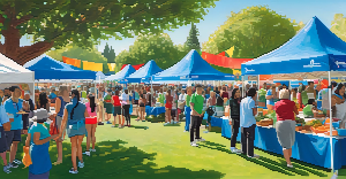 A lively community health fair with diverse people engaging in activities related to mental health, fitness, and nutrition under a sunny sky.