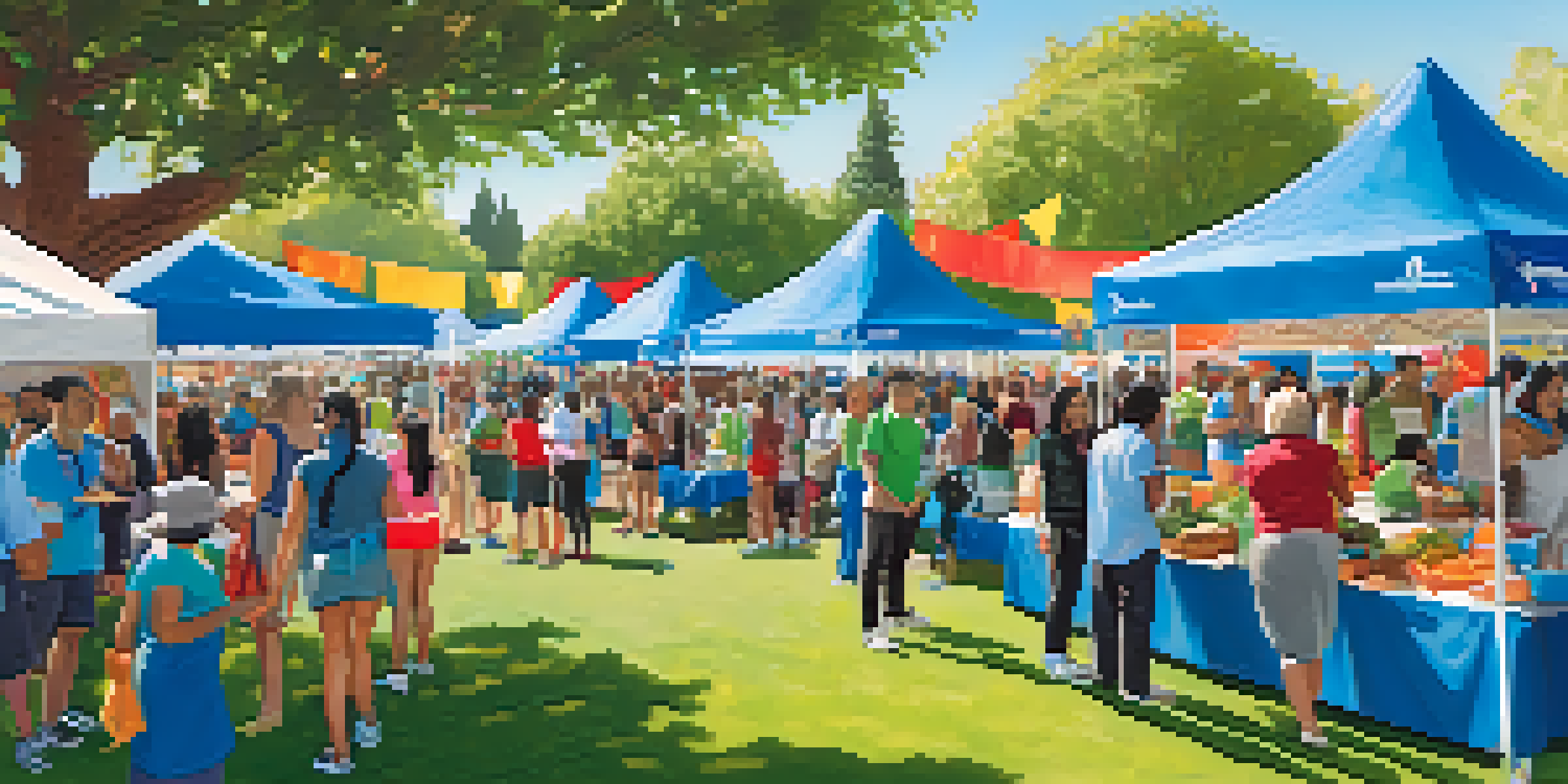 A lively community health fair with diverse people engaging in activities related to mental health, fitness, and nutrition under a sunny sky.
