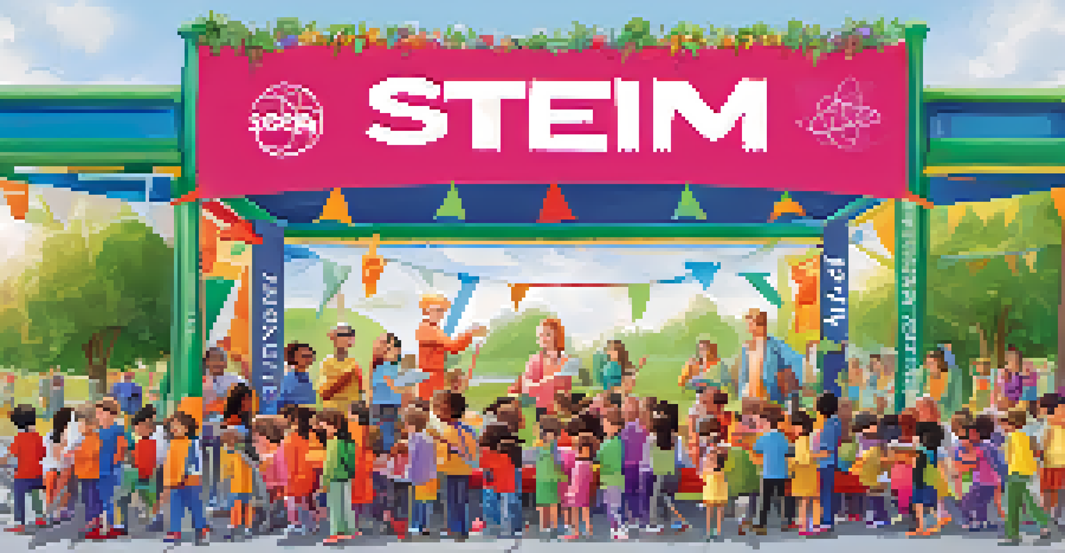 Children happily engaging in science experiments at an outdoor community STEM event, with banners and adults assisting.