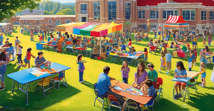 A lively school event with families participating in art and sports activities in a sunny schoolyard.