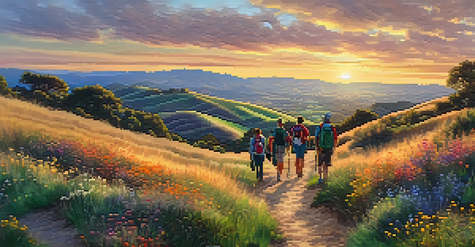 Hikers enjoying a scenic trail in Cupertino Hills during sunset, surrounded by wildflowers and rolling hills.