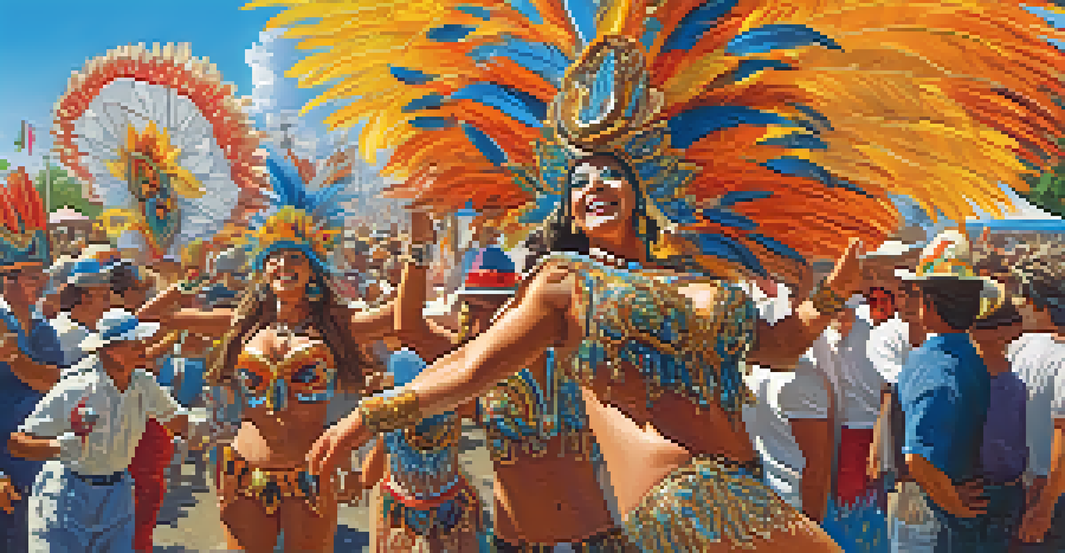 Dancers in vibrant costumes performing at a Brazilian carnival under a bright sky.