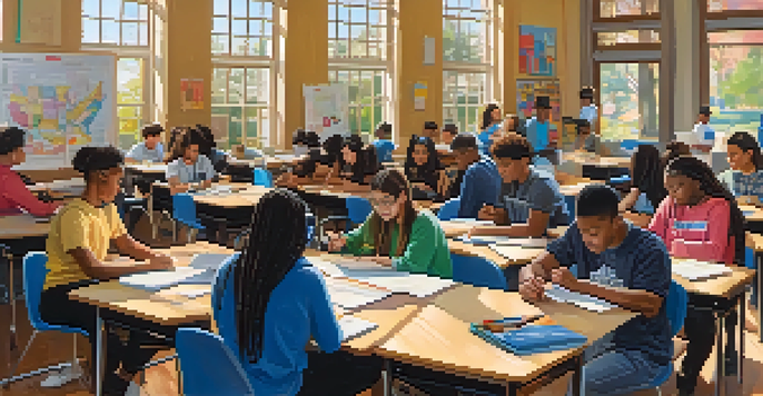 A classroom filled with diverse high school students participating in a college readiness workshop, with bright lighting and educational materials around them.