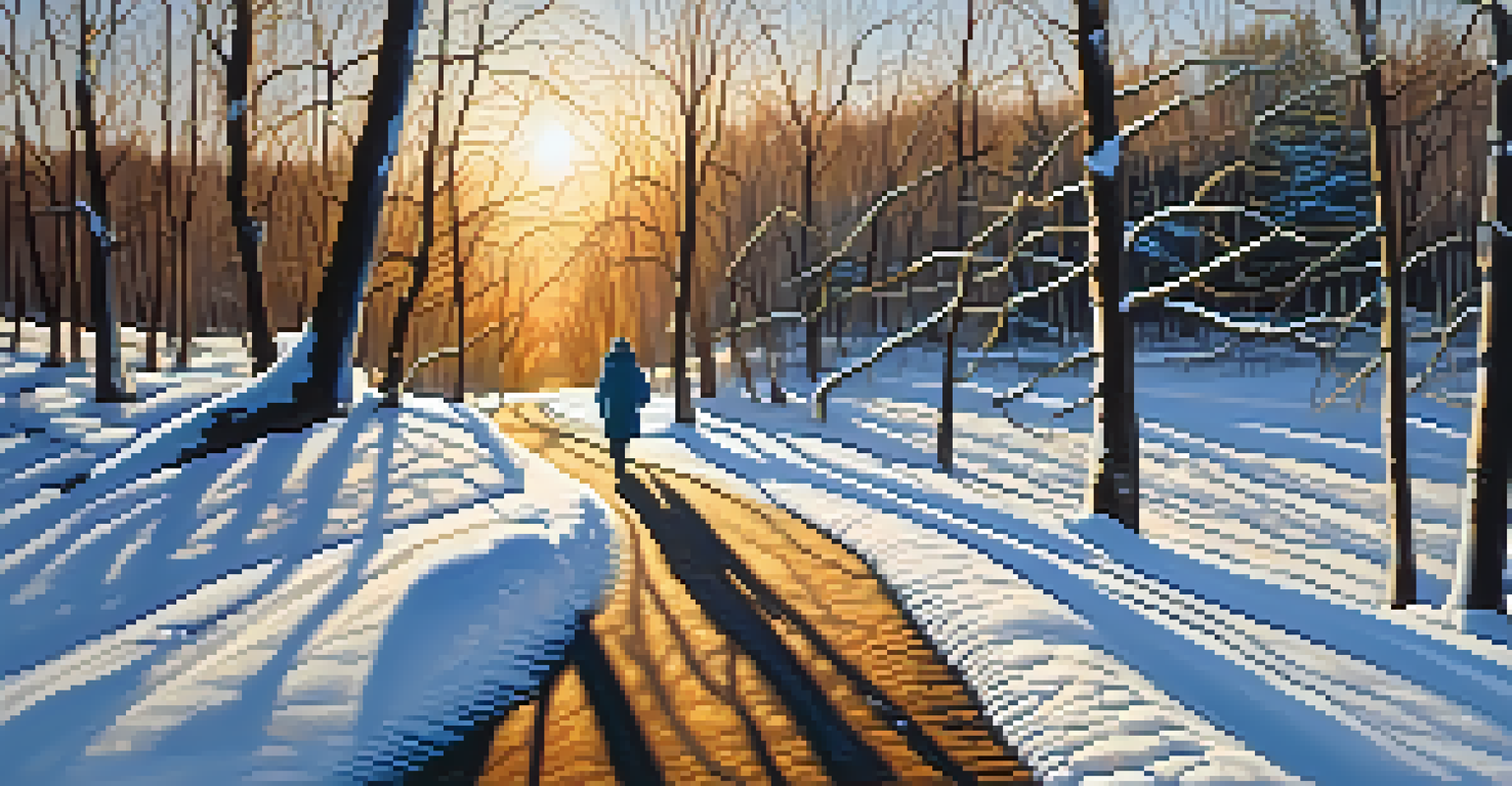 A snowy winter walking trail with a clear sky and a person walking.