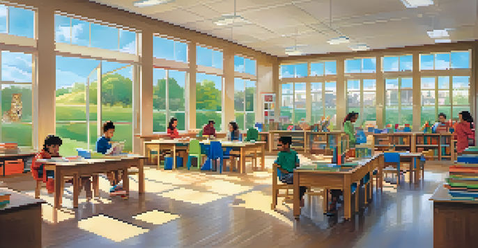 A bright and inviting classroom with children participating in different educational activities under natural light.