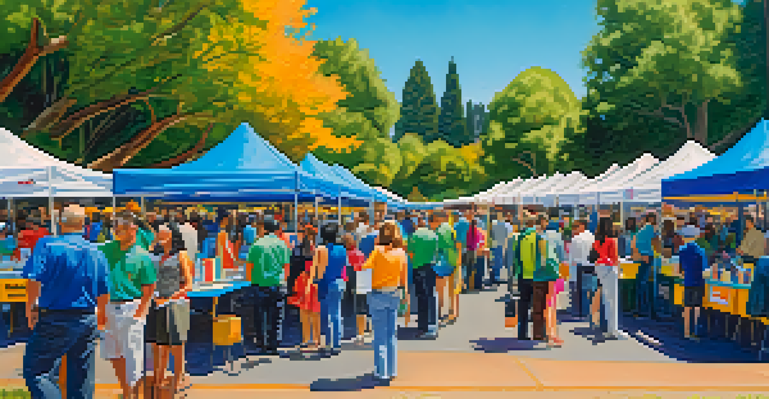 An outdoor job fair in Cupertino with booths from local businesses, where job seekers are conversing with representatives under a clear blue sky.