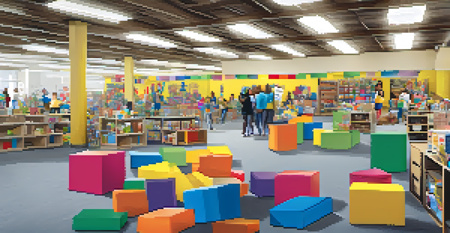 Volunteers in an indoor nonprofit organization working together to organize supplies for a charity event, surrounded by colorful decorations.