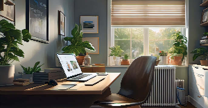 A person in a home office consulting with a healthcare provider on a laptop, surrounded by plants and personal decor.