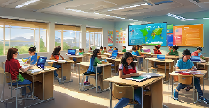 A vibrant classroom where students are actively using technology like tablets and laptops for collaborative learning under natural light.