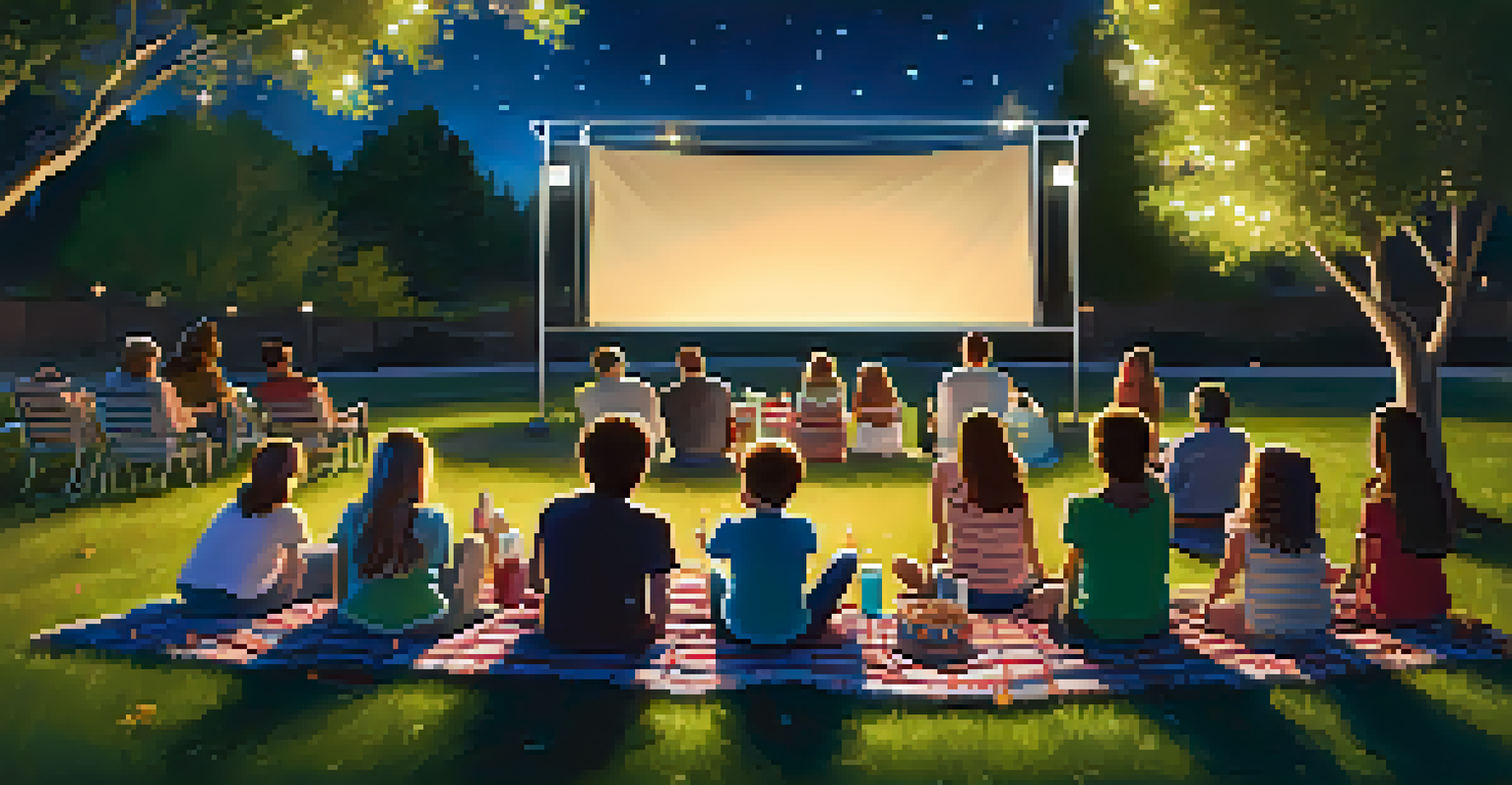 Families watching a movie outdoors at night, with a large screen and cozy seating under twinkling lights.