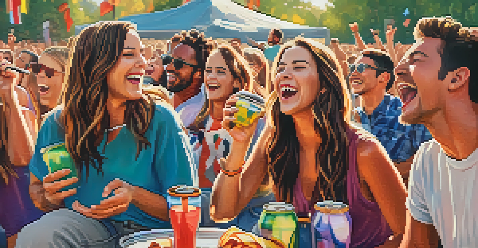 A close-up of friends at an outdoor concert, laughing and enjoying the music.