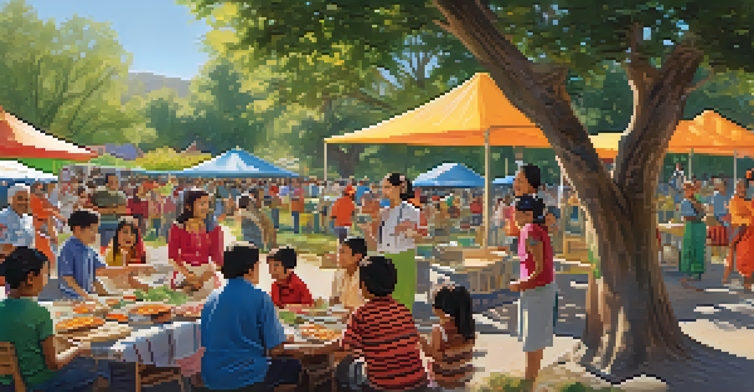 A community gathering in a park with families enjoying cultural activities, children dancing, adults cooking, and colorful banners creating a joyful atmosphere.