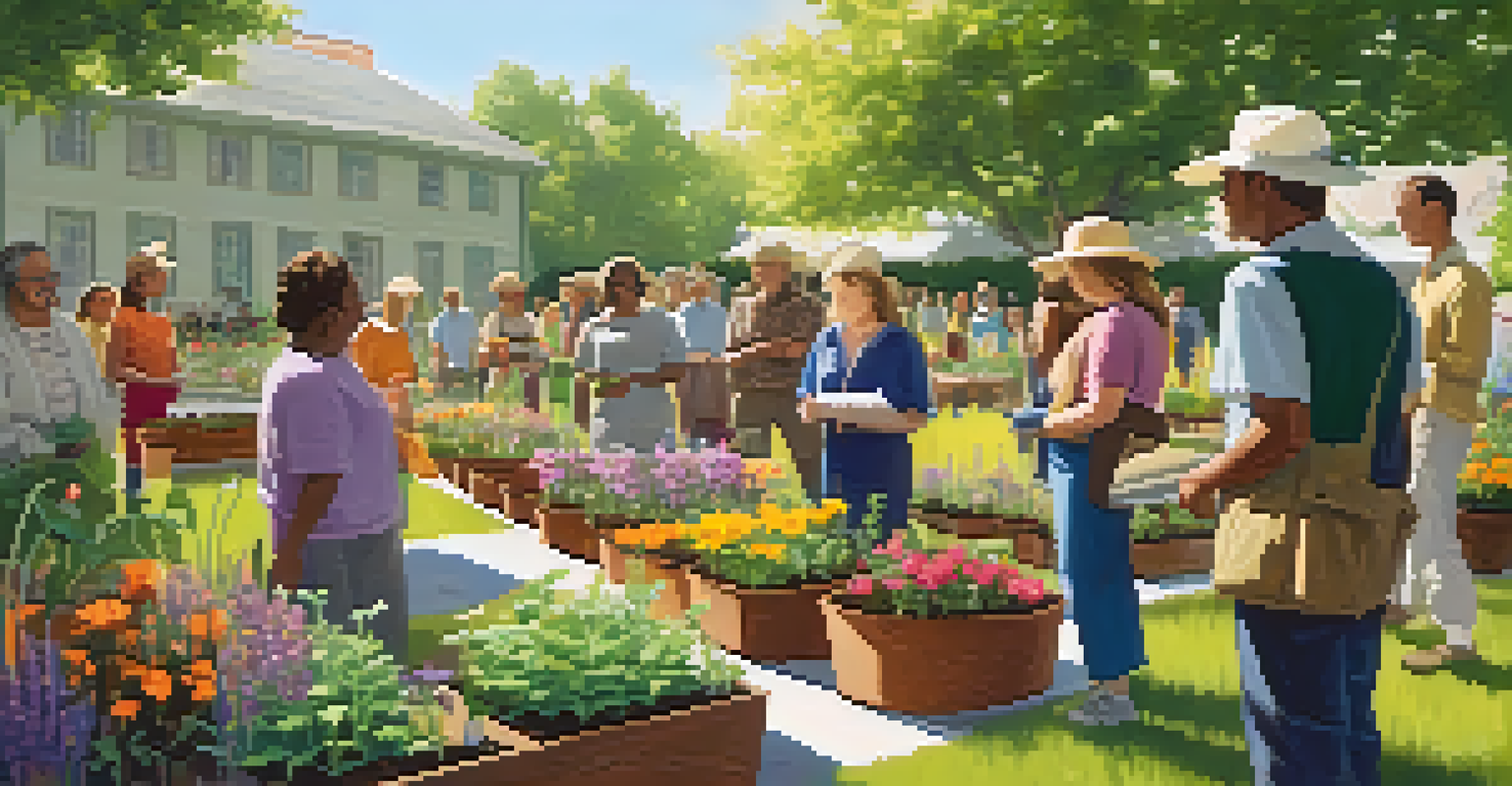Participants engaged in an outdoor workshop on sustainable gardening, with tools and seedlings displayed on tables.