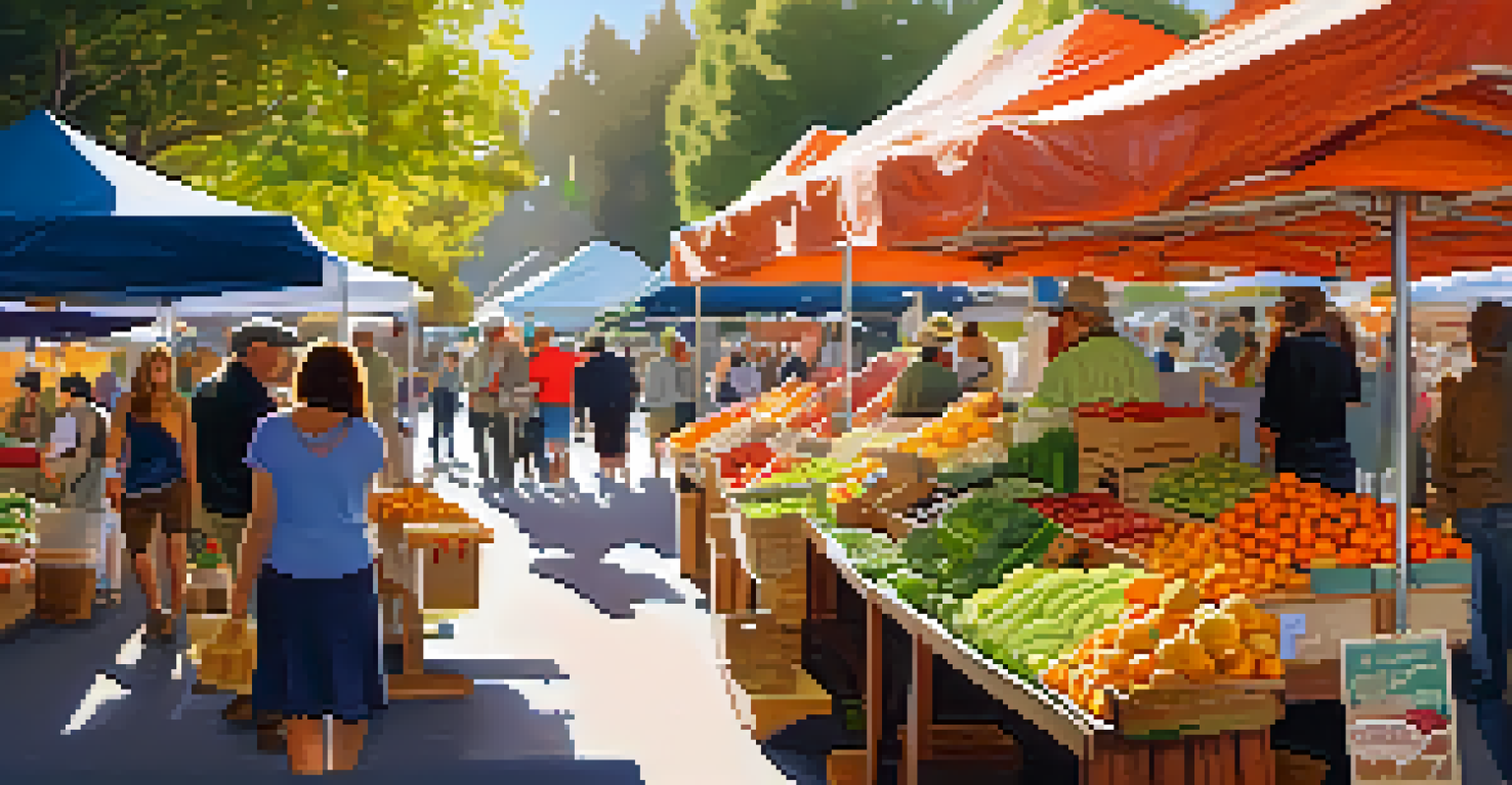 A lively farmer's market in Cupertino filled with fresh produce and shoppers enjoying local foods.