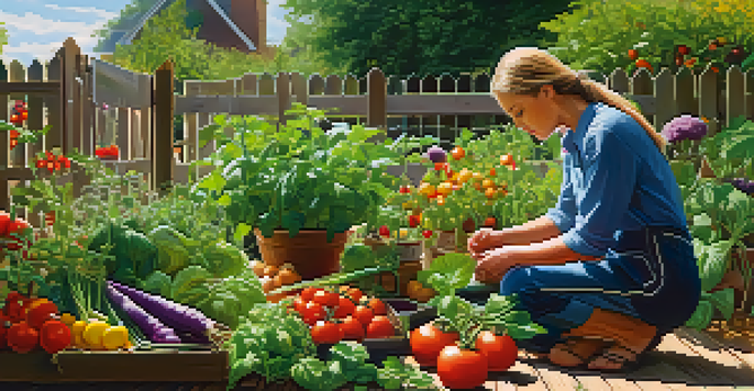 A person tending to a colorful home garden filled with ripe vegetables and herbs under bright sunlight.