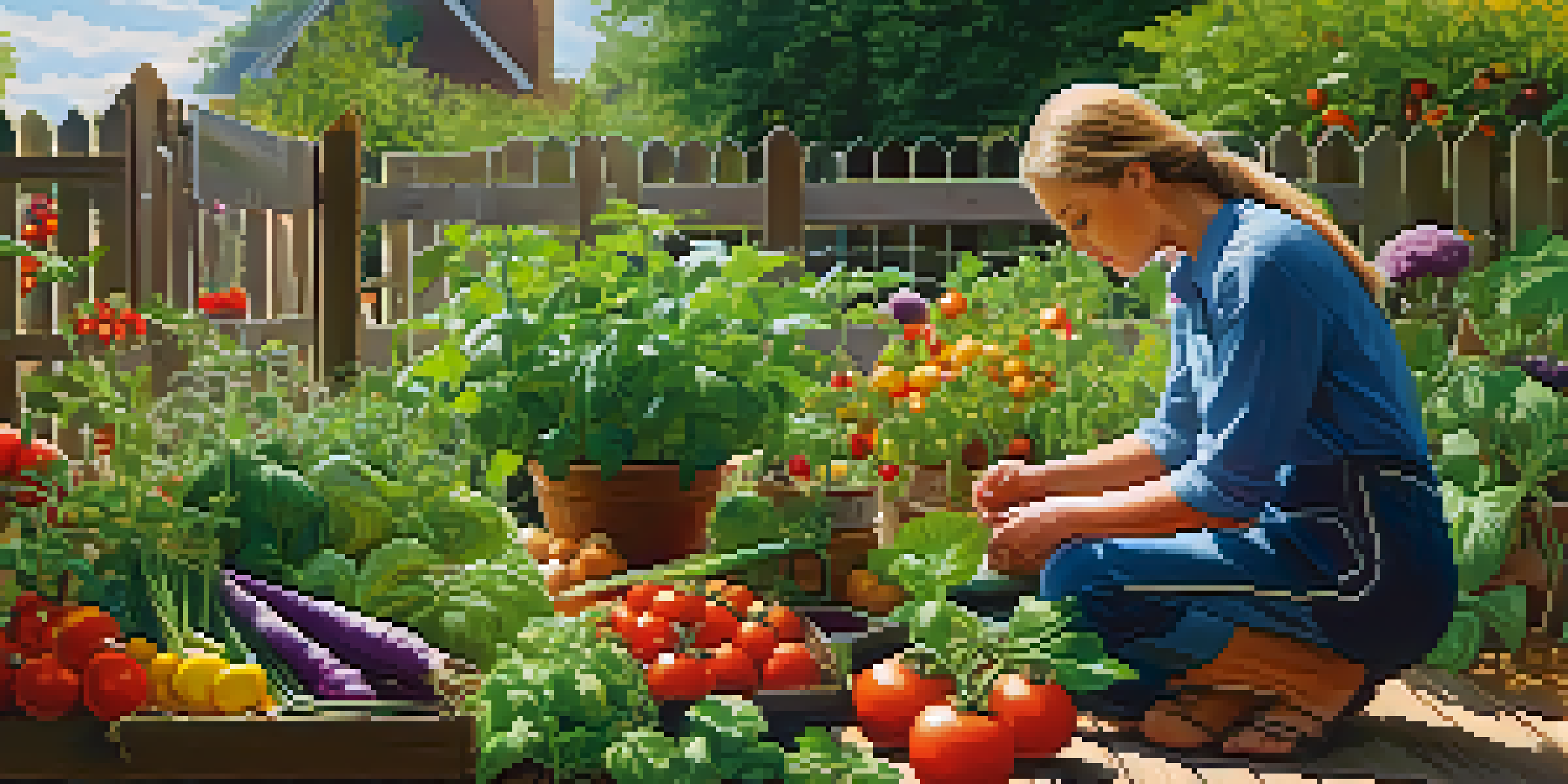 A person tending to a colorful home garden filled with ripe vegetables and herbs under bright sunlight.