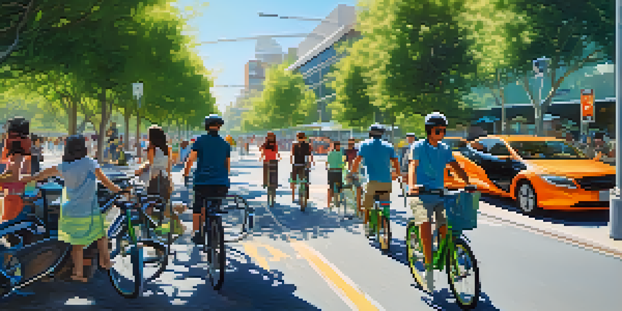 A vibrant urban scene in Cupertino with smart technologies, including electric vehicles and bike-sharing programs, surrounded by modern buildings and greenery.