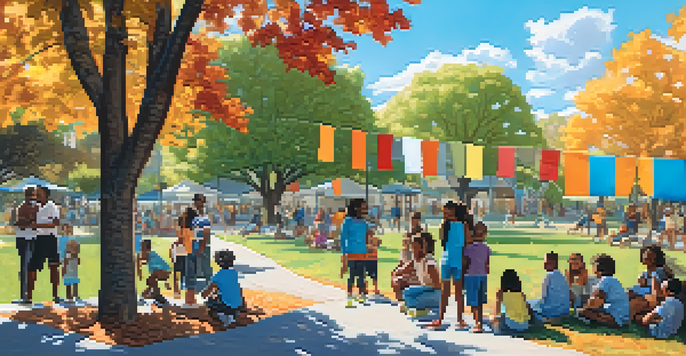 A diverse group of residents gathered in a park, discussing safety tips with children playing in the background.