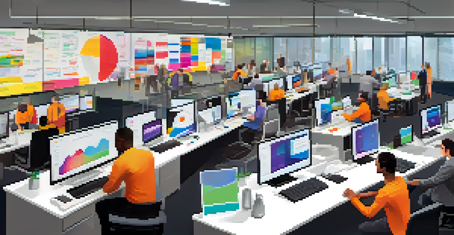 A hybrid work environment with employees in an office and others working remotely on laptops.