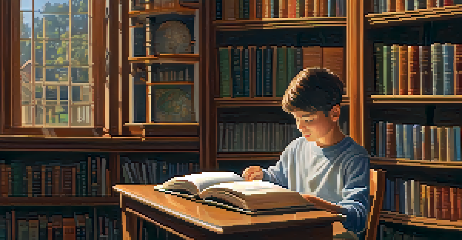 A young student reading a book on civic education in a cozy library with shelves of books and a globe.