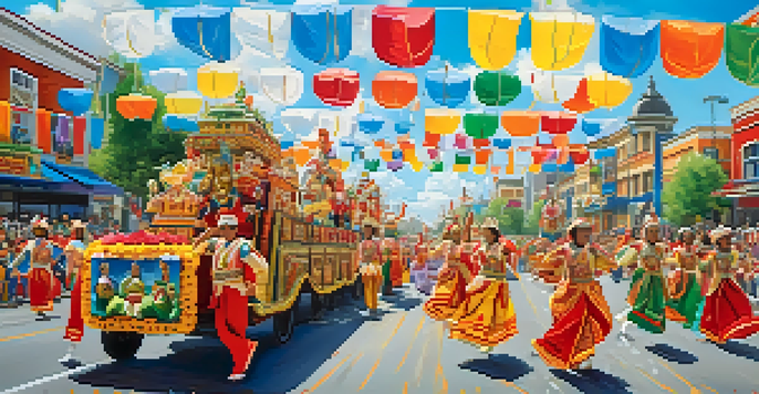 A lively city parade with colorful floats and traditional dancers in vibrant attire, under a bright blue sky with spectators cheering along the streets.