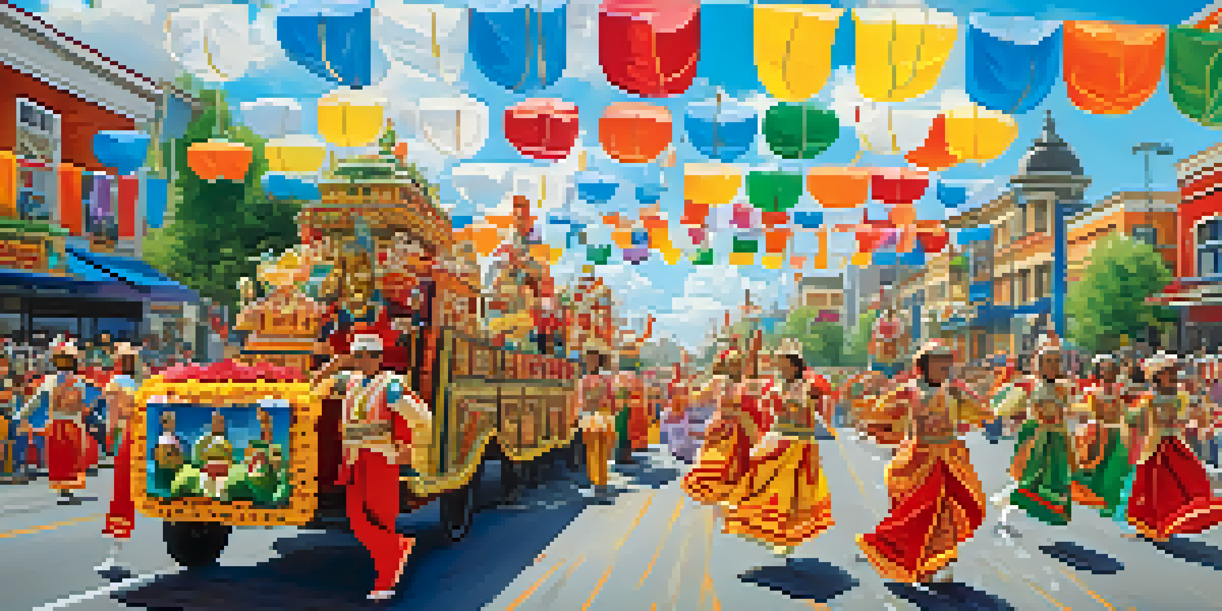 A lively city parade with colorful floats and traditional dancers in vibrant attire, under a bright blue sky with spectators cheering along the streets.