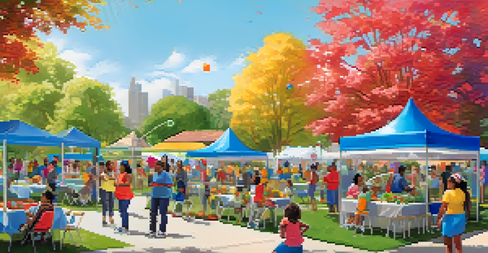 A lively community health fair in a park with families participating in wellness activities and colorful booths.