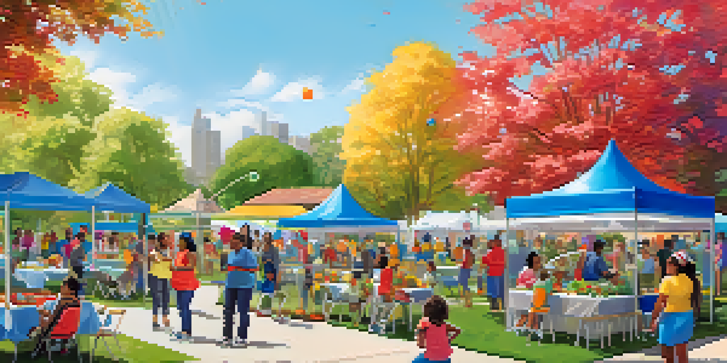 A lively community health fair in a park with families participating in wellness activities and colorful booths.