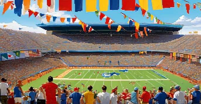 A lively sports game day atmosphere, featuring enthusiastic fans in team colors and a packed stadium under a sunny sky.