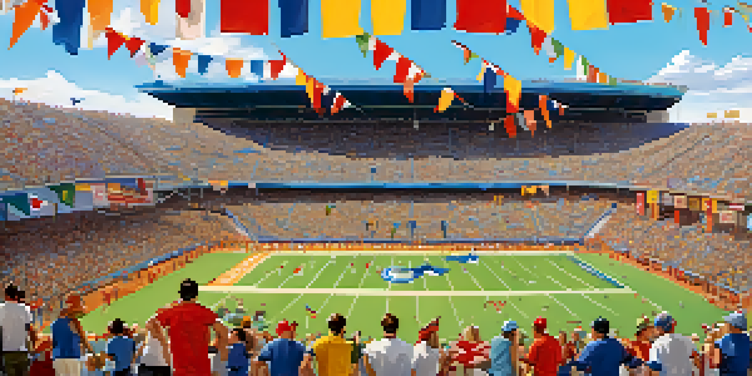 A lively sports game day atmosphere, featuring enthusiastic fans in team colors and a packed stadium under a sunny sky.