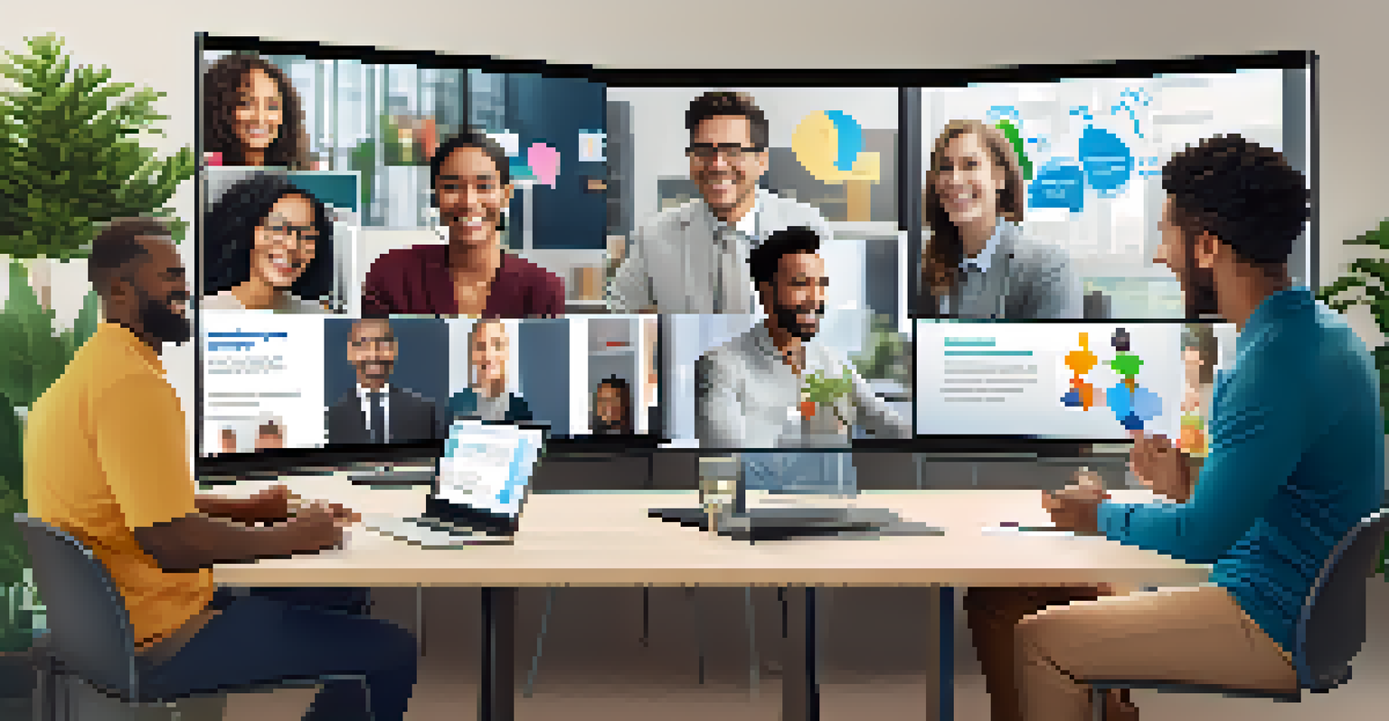 A diverse group of professionals participating in a virtual meeting, smiling and interacting on a large screen in a modern office setting.