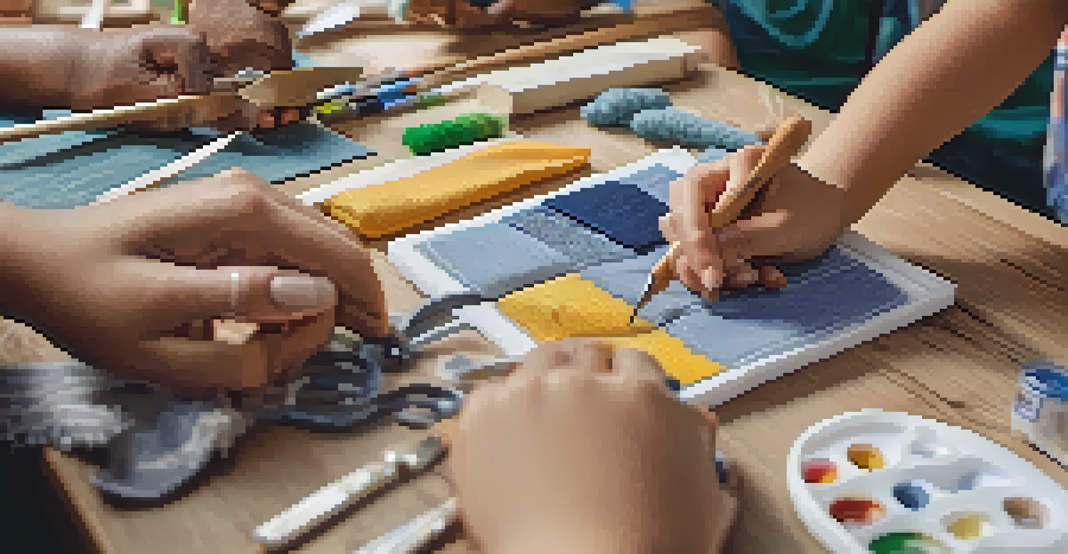 Close-up of diverse hands crafting handmade items for a community project, showcasing collaboration and creativity.
